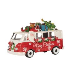 Santa busz LED-es, piros fém - 31x15x21cm