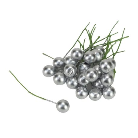 Drótos bogyó gyöngyház - Ezüst - 1 cm - 24 db/csomag