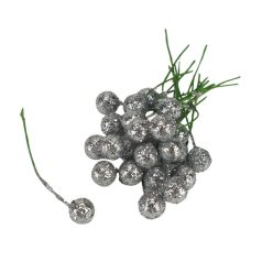 Drótos bogyó  - Csillámos ezüst - 1 cm - 24 db/csomag
