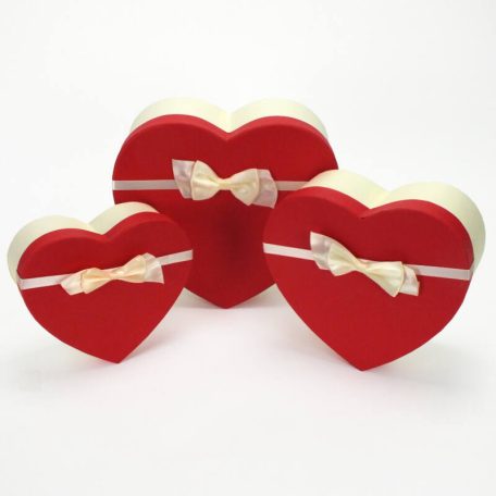 Szív doboz - Krém-Piros - 14 cm, 17 cm, 20 cm - 3 db-os szett