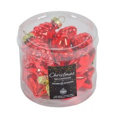   Karácsonyi üvegdísz akasztós - Csillag-szív-toboz - Piros - 4-7 cm - 12 db/csomag 