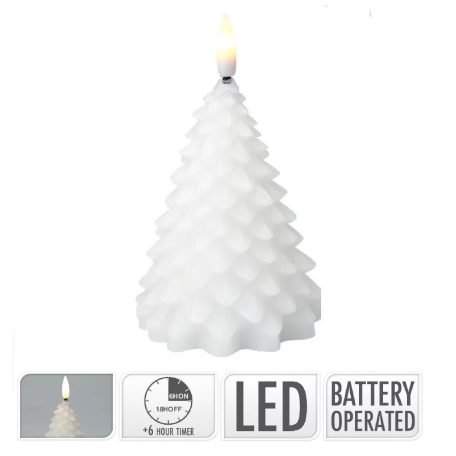 Fenyő gyertya LED-es időzítős elemes  - Fehér - 11 cm