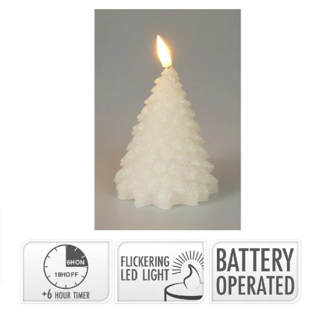 Fenyő gyertya LED-es időzítős láng effekt, glitteres - Fehér - 11 cm