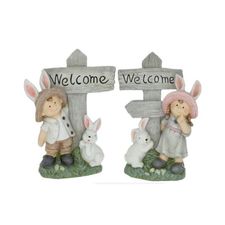 Gyerek fiú, lány "Welcome" feliratú táblával álló 2 féle - 28x18,5x41 cm 