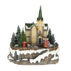   Karácsonyi jelenet templom, mozgó fenyővel, LED-es - 20x16x20,5 cm