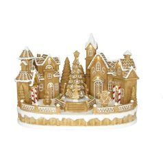   Mézeskalács város fenyővel, mozgó figurákkal, LED-es 31,5x20,3x22,5 cm