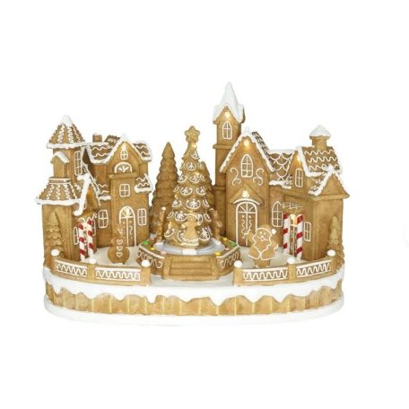 Mézeskalács város fenyővel, mozgó figurákkal, LED-es 31,5x20,3x22,5 cm