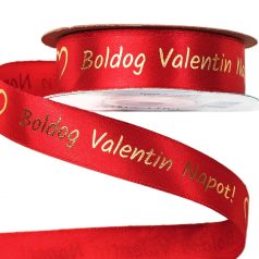   "Boldog Valentin napot!" arany feliratos szatén szalag - Piros - 2 cmx 20 méter
