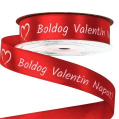   "Boldog Valentin napot!" feliratos szatén szalag  - Piros - 2 cm x 20 méter