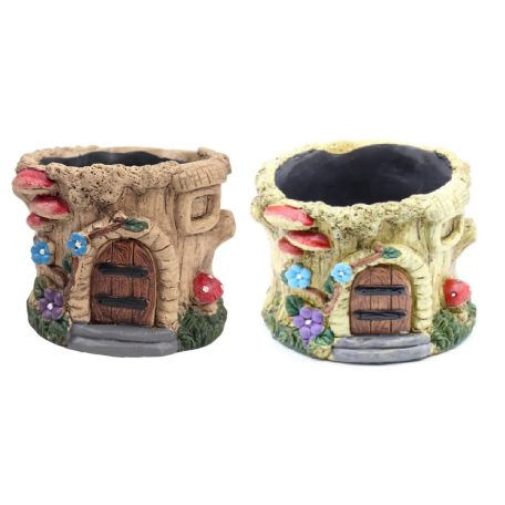 Kaspó házikó fatönk mintás - 10x10x9 cm