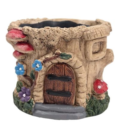 Kaspó házikó fatönk mintás - 10x10x9 cm