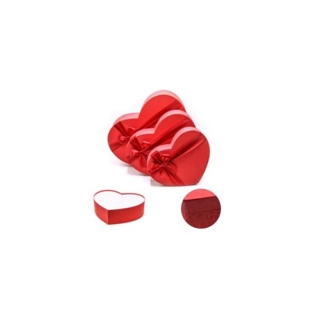 Papírdoboz szív - Piros masnis - 28,5cm, 34 cm, 40 cm - 3 db-os szett