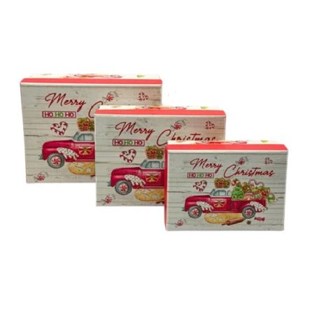 Piros-szürke  karácsonyi doboz - 16 cm, 14 cm, 12 cm - 3 db-os szett