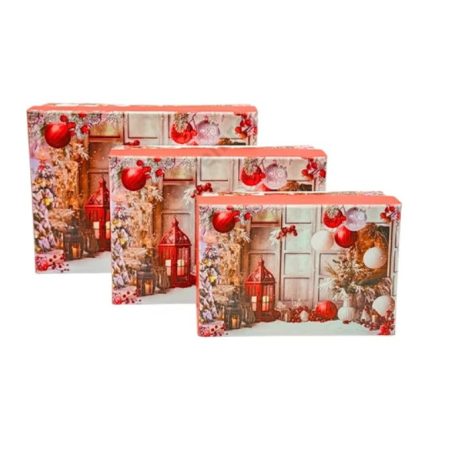  Piros karácsonyi doboz - 16 cm, 14 cm, 12 cm - 3 db-os szett