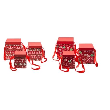 Piros karácsonyi doboz - Szarvas-Hópehely - 21 cm, 18,5 cm, 15 cm - 3 db-os szett