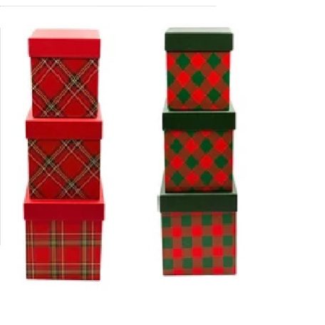 Karácsonyi doboz - Kockás - 2 féle - 16 cm, 14,5 cm, 13 cm - 3 db-os szett