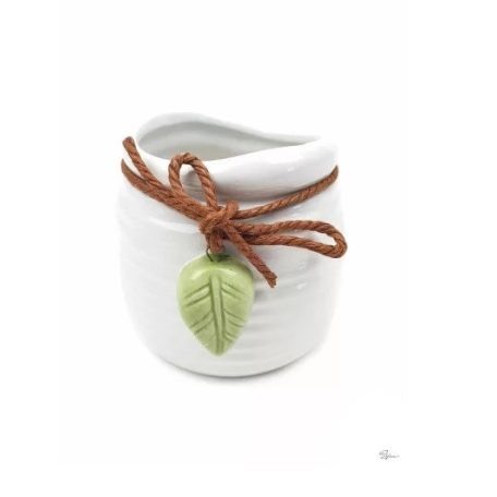 Fehér kerámia kaspó levéllel - 6x6x7,5 cm