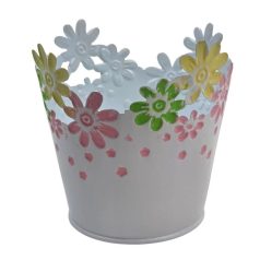 Virágperemes színes bádog kaspó - Fehér - 10x10x9,5 cm