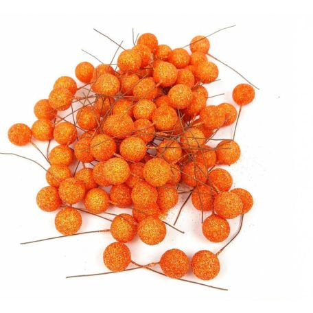 Glitteres drótos bogyó - Narancs - 1,5 cm bogyók - 80 db/csomag