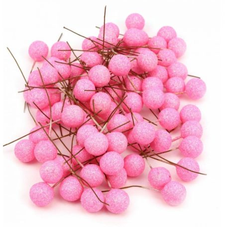 Glitteres drótos bogyó - Rózsaszín - 1,5 cm bogyók - 80 db/csomag 