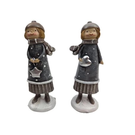 Szürke pöttyös ruhás téli figura ezüst dísszel - 14 cm