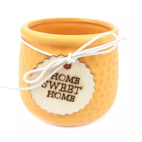 Fa cimkés Sweet Home kaspó - Sárga - 9x9x9 cm