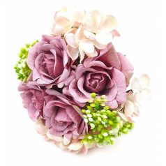 Dekor rózsa-hortenzia csokor - sötét mályva - 28 cm