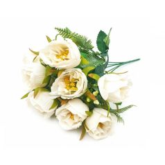 Rózsa csokor páfránnyal - Tört fehér - 33 cm
