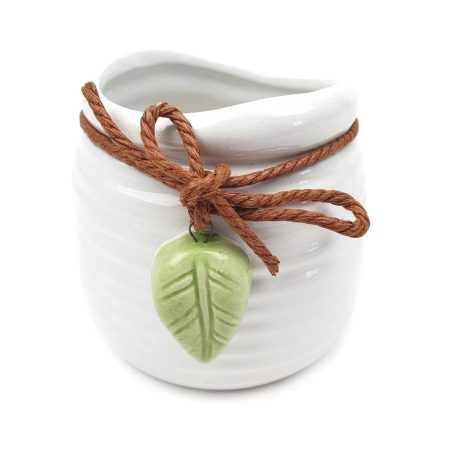 Kerámia kaspó zöld leveles - Fehér - 6x6x7,5 cm 