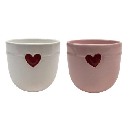 Piros szíves kerámia kaspó nagy - Fehér-Rózsaszín - 10,5x9,5 cm