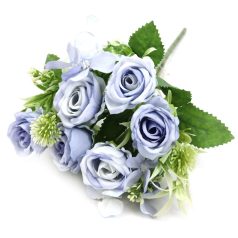 6 fejes kicsi rózsa csokor kiegészítővel - Kék - 27 cm