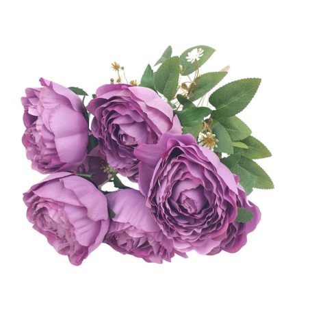 7 fejes peonia csokor műzölddel - Lila - 43 cm 