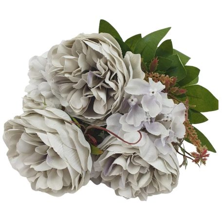 4 fejes peonia csokor hortenziával - Világos szürke - 37 cm