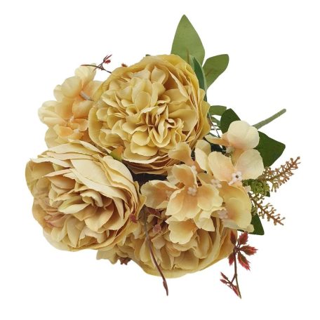 4 fejes peonia csokor hortenziával - Krém - 37 cm