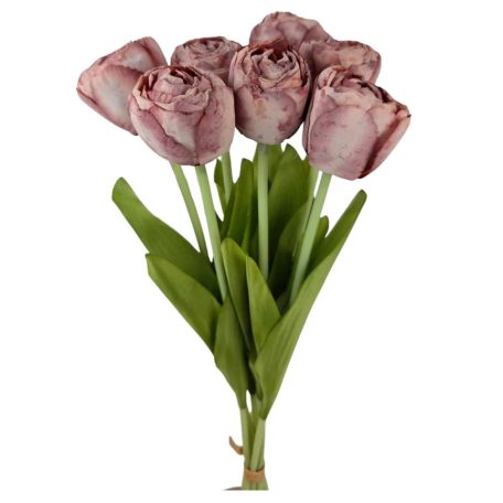 7 szálas szárított hatású tulipán csokor - Antik mályva - 43 cm