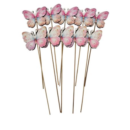 Fa betűző - Szivárvány színű lepke - 7x5 cm+18 cm szár - 10 db/csomag