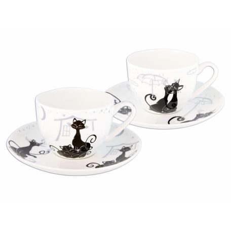 Carmani porcelán bögre+alj - Fekete macskás - 250 ml - 2 db-os szett 