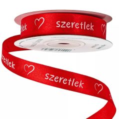 Szatén szalag - Piros  -Szeretlek - 1,6 cm x 20 méter