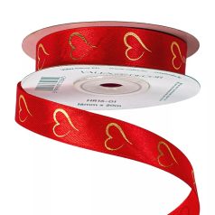   Arany szívecskemintás szatén szalag - Piros - 1,6 cm x 20 méter
