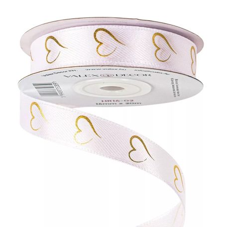 Arany szívecskemintás szatén szalag - Fehér - 1,6 cm x 20 méter
