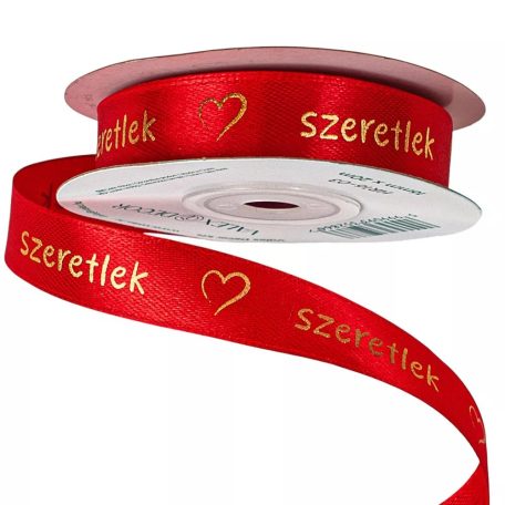 "Szeretlek" arany feliratos, szívecskés szatén szalag - Piros - 1,6 cm x 20 méter