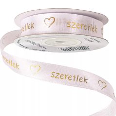   "Szeretlek" arany feliratos, szívecskés szatén szalag - Fehér - 1,6 cm x 20 méter