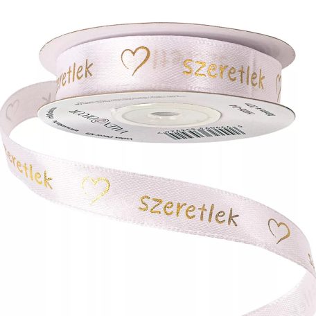 "Szeretlek" arany feliratos, szívecskés szatén szalag - Fehér - 1,6 cm x 20 méter