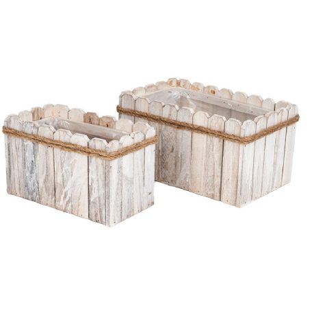 Szögletes fa kaspó - Fehér - 21 cm, 25,5 cm - 2 db-os szett