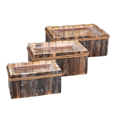Szögletes fa kaspó - Barna - 20 cm, 25 cm, 30 cm - 3 db-os szett