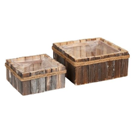 Szögletes fa kaspó - Barna - 17 cm, 23 cm - 2 db-os szett
