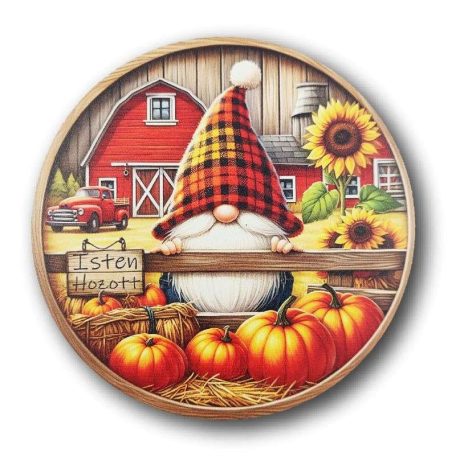 Nyomtatott fa tábla - Isten hozott - Őszi manófarm - 13 cm
