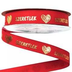   "Szeretlek" arany feliratos, szívecskés ripsz szalag - Piros - 1,6 cm x 20 méter