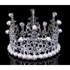   Tortadíszítő hercegnő korona gyöngyös - Ezüst -  7,6cm x 5,5 cm