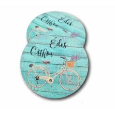 Fa tábla - Édes otthon biciklis - Türkiz - 7x7 cm
